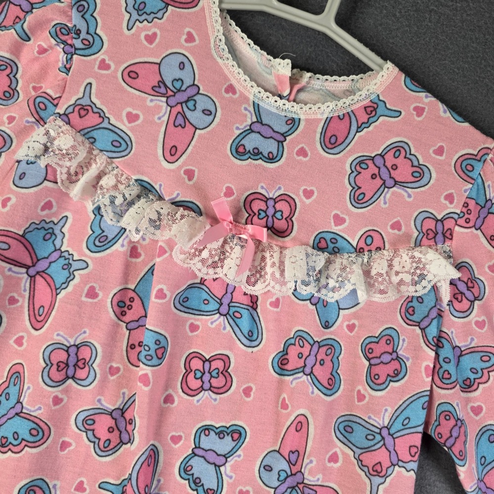 Sleeping Beauty Nightgown Kids Size 10 Pink Butterfly Lace Trim Heart Print